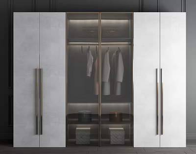 Modern Wardrobe Design With Glass Doors Metal Handles And Hanging Clothes Storage 3d model