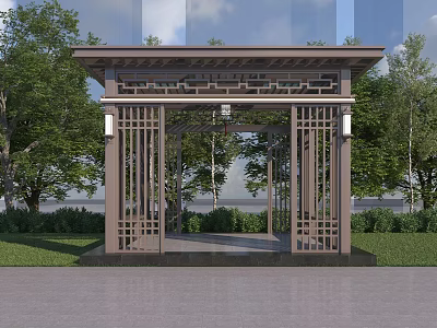 Modern Pavilion with Lattice Structure Surrounded by Green Trees and Lawn 3d model
