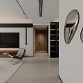 Modern Living Dining Room With Beige Sofa Black Armchair Glass Coffee Table TV Wall Fireplace