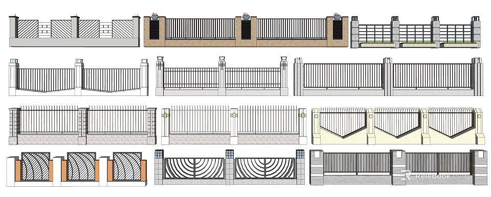 Garden Wall Design Featuring Various Railings And Decorative Architectural Elements 3d model