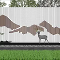 Scenic Wall Featuring Mountain Pattern Lighting Deer Sculpture Pine Tree And Circular Decoration 3d model