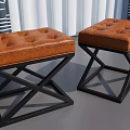Two Brown Leather Tufted Ottoman Benches with Black X Shaped Metal Frame