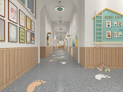 Office Corridor Interior With Framed Artworks Wooden Wainscoting Footprint Patterns And Green House Structure 3d model