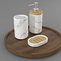 Bathroom Accessories on Wooden Tray with Marble Pattern Toothbrush Holder Soap Dispenser and Soap Dish