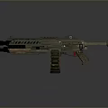 Futuristic Tactical Weapon With Mechanical Structure Red Accents And Advanced Barrel Design