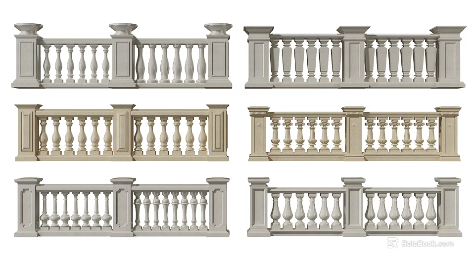 Various Classical Stone Railings With Decorative Balusters And Architectural Posts 3d model 