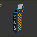 Blue And White Warning Device Featuring Red Button Display Screen Yellow Black Stripes And Signs