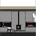 Modern Interior Design With Two Fireplaces Burning Flames Gray Walls And White Chair