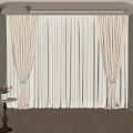 Beige Layered Curtains With Sheer Panels For Arched Window Wooden Floor Green Trees View