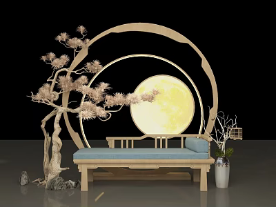 Chinese Style Photo Spot With Circular Moon Decor Pine Tree And Blue Bench 3d model