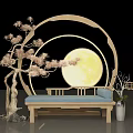 Chinese Style Photo Spot With Circular Moon Decor Pine Tree And Blue Bench