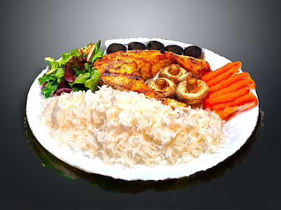 Delicious Grilled Chicken Meal With Rice Carrots Mushrooms And Fresh Salad 3d model