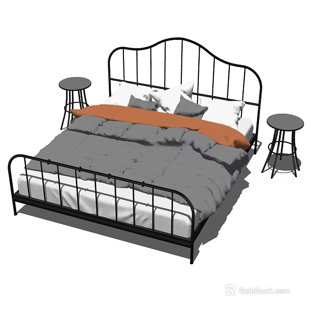 Double Bed With Black Metal Frame Curved Headboard Gray Bedding Orange Throw And Side Tables 3d model 