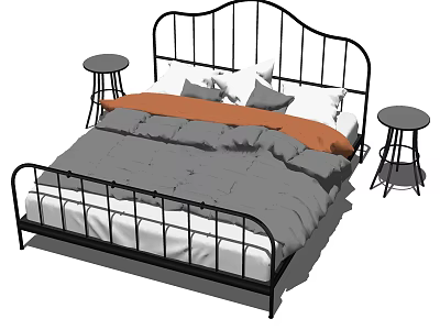 Double Bed With Black Metal Frame Curved Headboard Gray Bedding Orange Throw And Side Tables 3d model