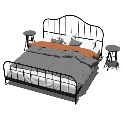 Double Bed With Black Metal Frame Curved Headboard Gray Bedding Orange Throw And Side Tables 3d model