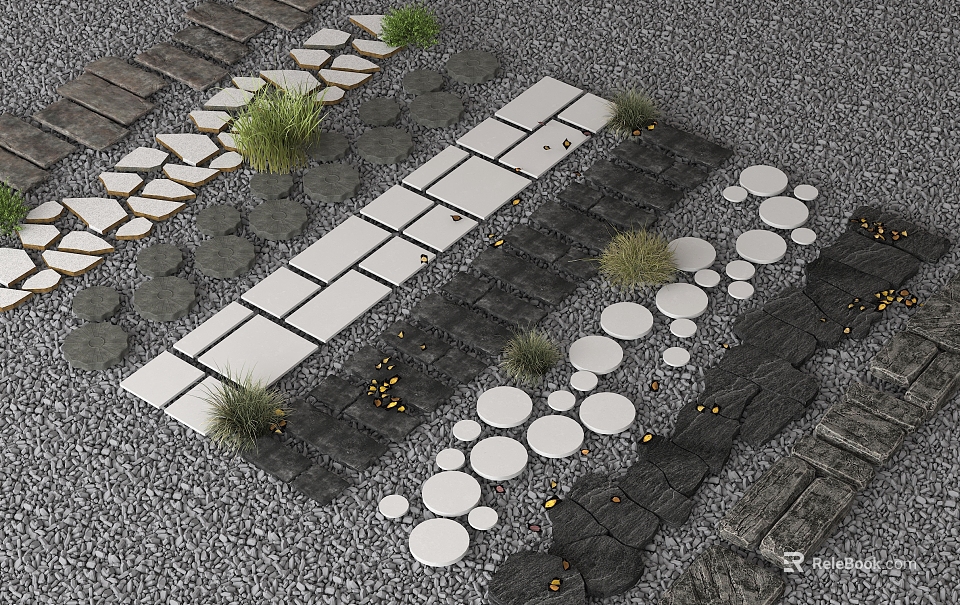 Modern Garden Path Paving With Square Circular Stones And Decorative Green Plants 3d model 