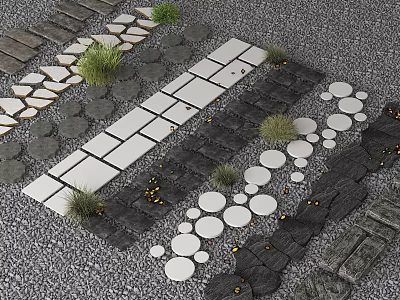 Modern Garden Path Paving With Square Circular Stones And Decorative Green Plants 3d model