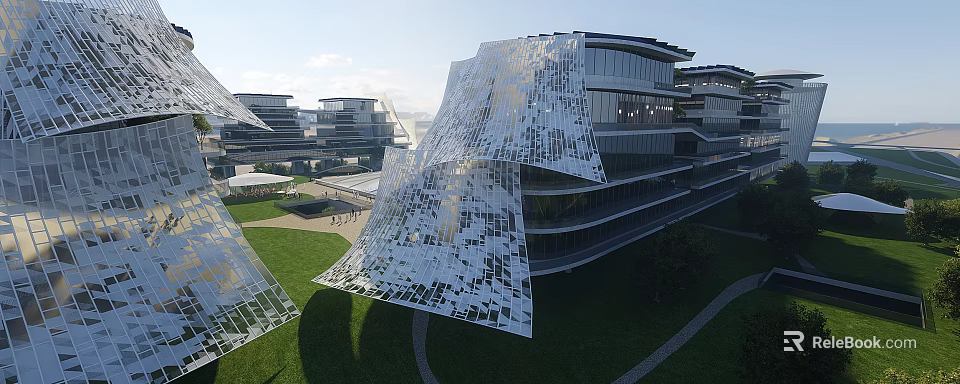 Modern Office Building with Irregular Glass Curtain Wall Design Surrounded by Lawn and Greenery 3d model 