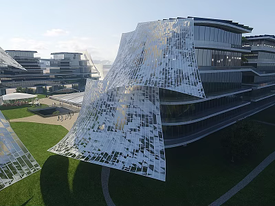 Modern Office Building with Irregular Glass Curtain Wall Design Surrounded by Lawn and Greenery 3d model