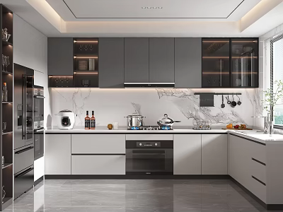 Modern Kitchen Interior With Gray And White Cabinets Marble Countertop And Appliances 3d model