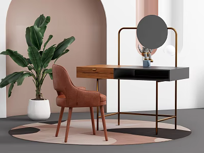 Stylish Dressing Table With Wooden Top Black Cabinet Metal Frame Mirror Brown Chair And Green Plant 3d model