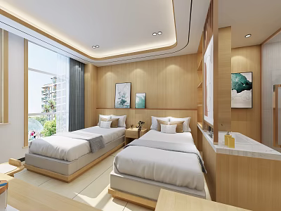 Modern Hotel Guest Room Featuring Twin Beds Wooden Walls Decorative Paintings And Window View 3d model