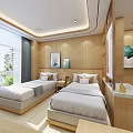 Modern Hotel Guest Room Featuring Twin Beds Wooden Walls Decorative Paintings And Window View