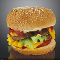 Delicious Juicy Cheeseburger With Sesame Bun Fresh Lettuce Tomato And Bell Peppers