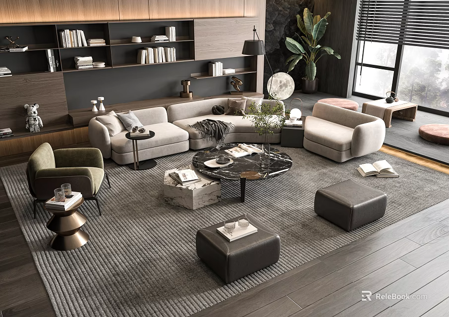 Modern Living Room Sofa And Coffee Table Set With Ottoman Rug Potted Plant And Bookshelf 3d model 