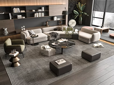 Modern Living Room Sofa And Coffee Table Set With Ottoman Rug Potted Plant And Bookshelf 3d model