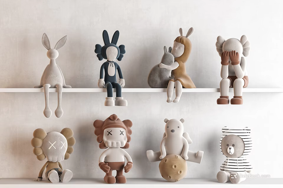 Cute Stuffed Plush Dolls Collection With Rabbit Bear Hugging And X Eyes Designs On Shelf 3d model 