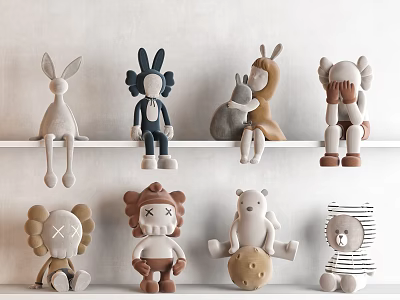 Cute Stuffed Plush Dolls Collection With Rabbit Bear Hugging And X Eyes Designs On Shelf 3d model