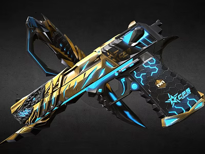 Futuristic Gaming Gun With Gold And Blue Neon Accents And Intricate Pattern Design 3d model