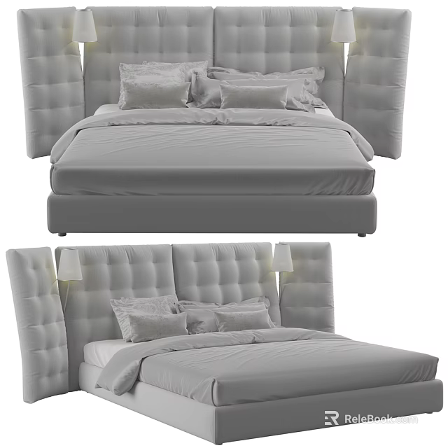 Double Bed With Wingback Padded Headboard Multiple Pillows And Modern Design 3d model