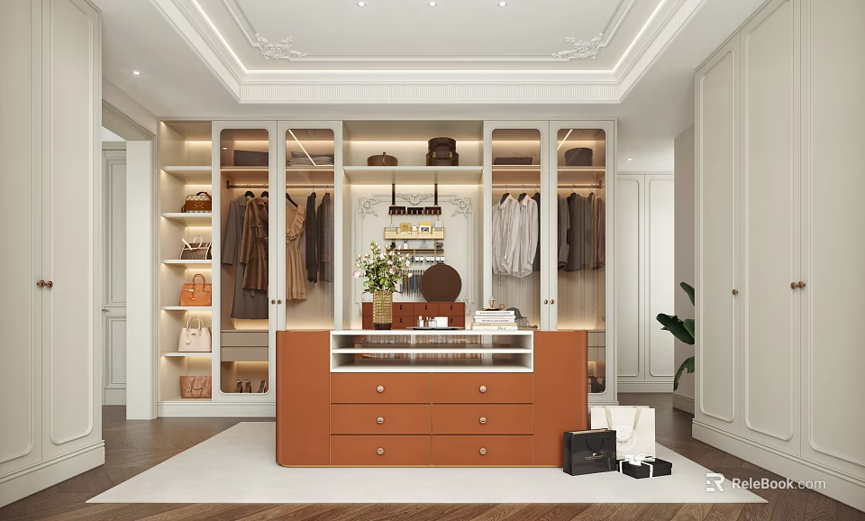 Luxury Walk in Closet Interior Design With Open Cabinets Hanging Clothes Drawer Console And Mirror 3d model 