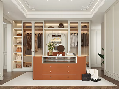 Luxury Walk in Closet Interior Design With Open Cabinets Hanging Clothes Drawer Console And Mirror 3d model