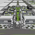 Modern Industrial Factory Complex Aerial View With Green Roofs and Night Lighting