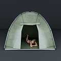 Open Green Camping Tent Interior With Woman Resting Comfortably Inside