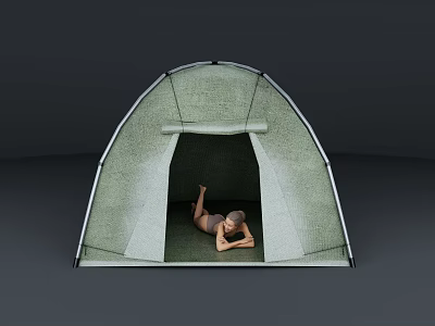 Open Green Camping Tent Interior With Woman Resting Comfortably Inside 3d model