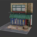 Cartoon Style Brick Storefront With Green Awning Blue Doors Windows Street Sign And Large Pot