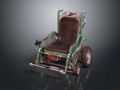Vintage Green Frame Wheelchair With Brown Upholstered Seat And Metal Wheels 3d model