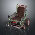 Vintage Green Frame Wheelchair With Brown Upholstered Seat And Metal Wheels