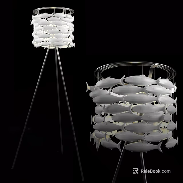 Unique Fish Shaped Floor Lamp With White Decorative Shade And Metal Stand 3d model 