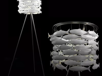 Unique Fish Shaped Floor Lamp With White Decorative Shade And Metal Stand 3d model