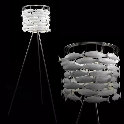 Unique Fish Shaped Floor Lamp With White Decorative Shade And Metal Stand 3d model