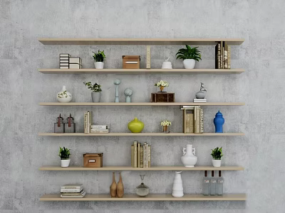 Wooden Wall Shelves with Books Vases Small Potted Plants and Decorations on Gray Wall 3d model