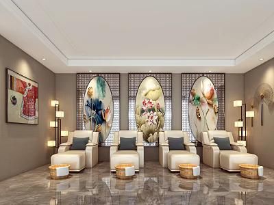 Spa Sauna Interior Design With Comfortable Lounge Chairs Oval Decorative Paintings And Wall Lamps 3d model