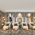 Spa Sauna Interior Design With Comfortable Lounge Chairs Oval Decorative Paintings And Wall Lamps