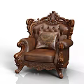 Vintage Carved Brown Leather Single Sofa With Decorative Pillow And Wooden Frame