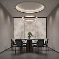 Private Dining Room Interior With Circular Chandeliers Round Table Leather Chairs And Green Plant